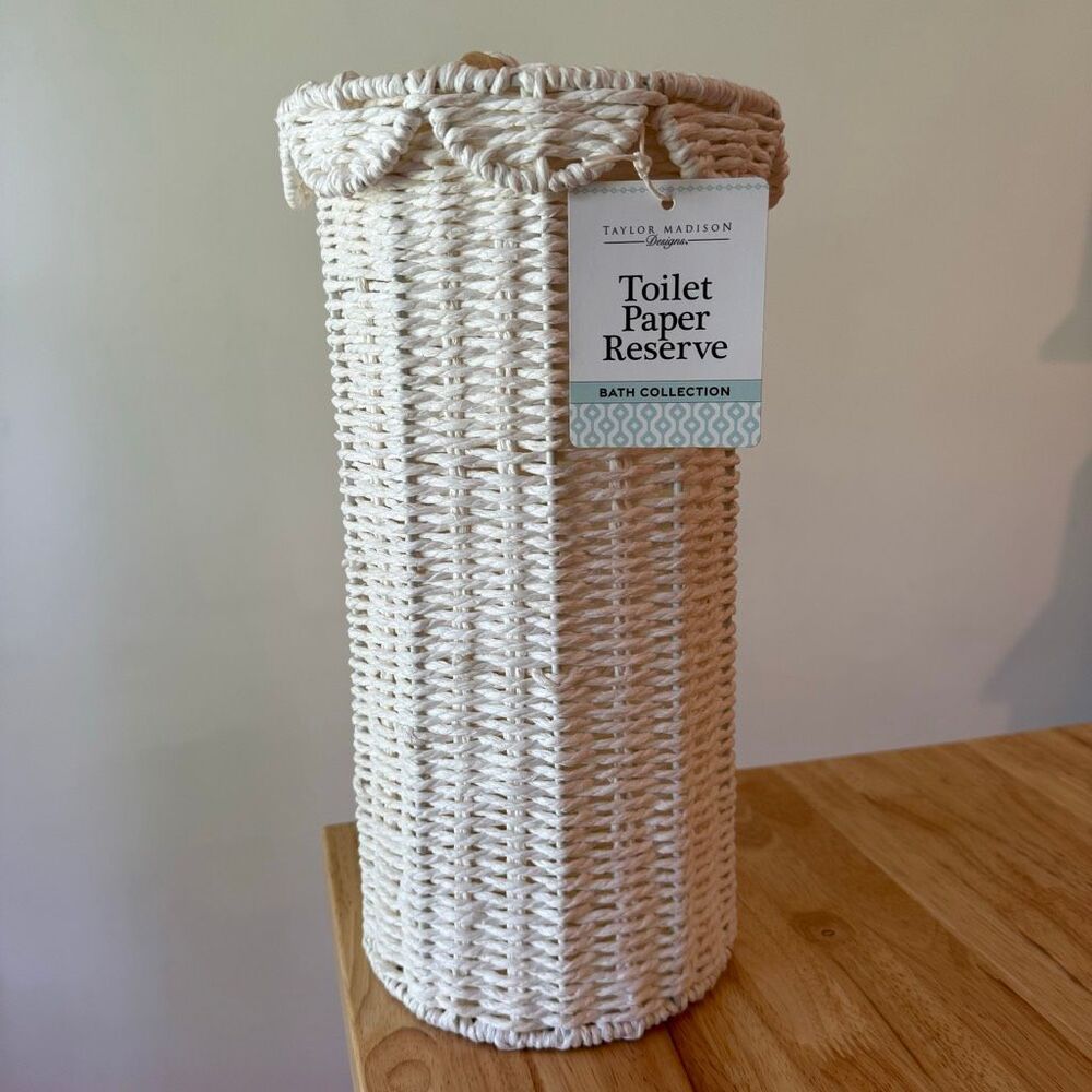 Taylor Madison Toilet Paper Reserve White Weaved Basket Organizer storage